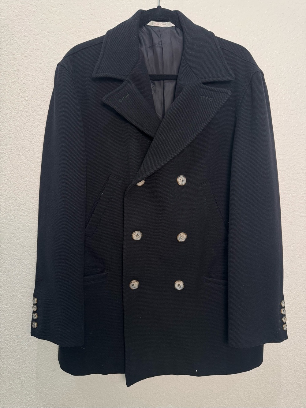 VTG Bernini Signature Mens Black Wool Double Breasted Blazer Peacoat Made Italy